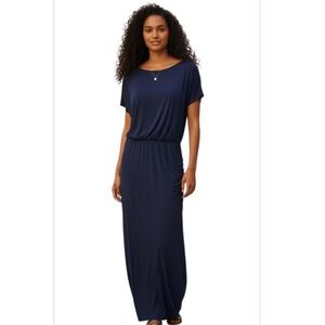 Victoria's Secret Navy Blue Modal Maxi Dress XS Short Sleeve Ruched Waist